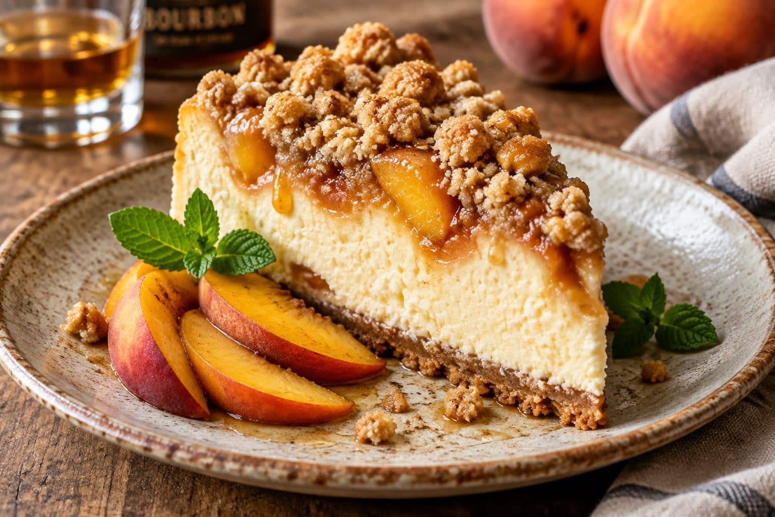 Slice of bourbon peach cheesecake with streusel topping garnished with fresh peaches