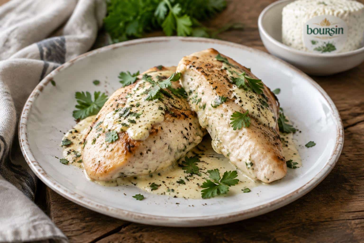 Plate of creamy boursin chicken garnished with parsley and pepper, showcasing boursin chicken