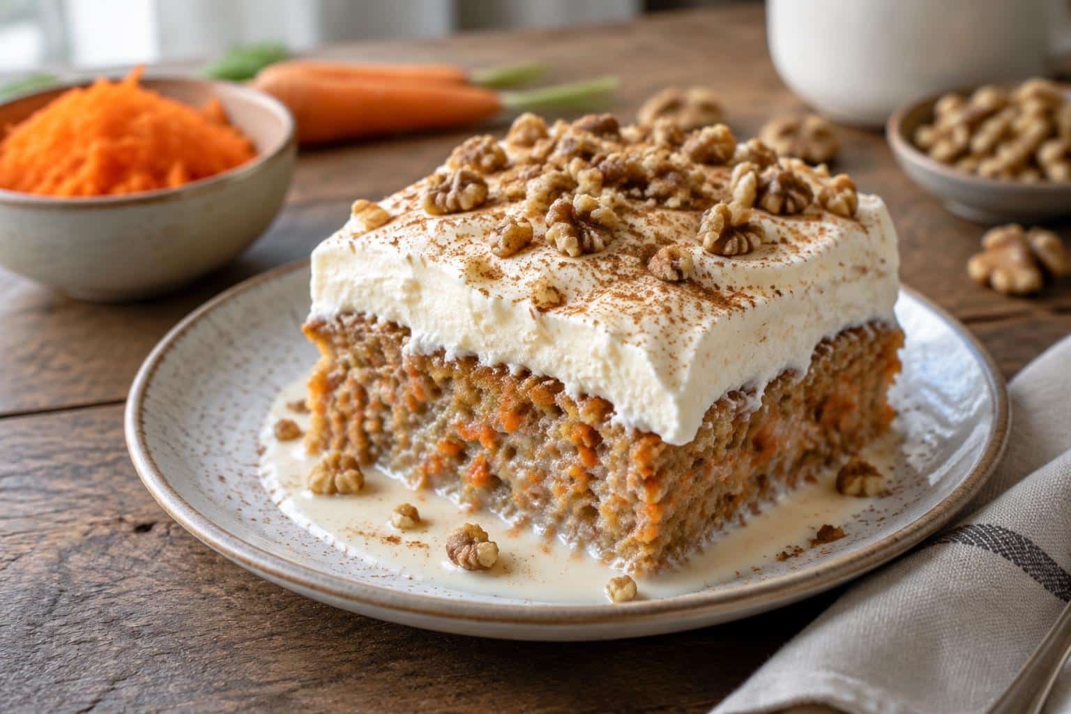Slice of carrot cake tres leches with cream cheese whipped topping and walnut garnish