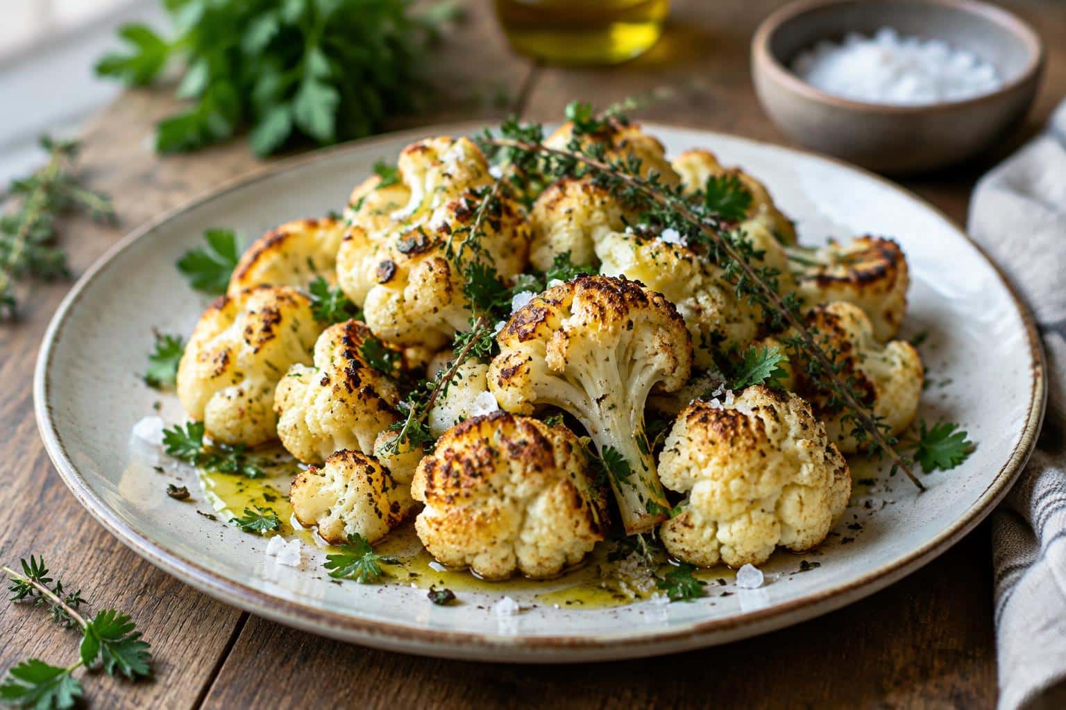 Plate of roasted cauliflower herbs with crispy edges and fresh green herb garnish