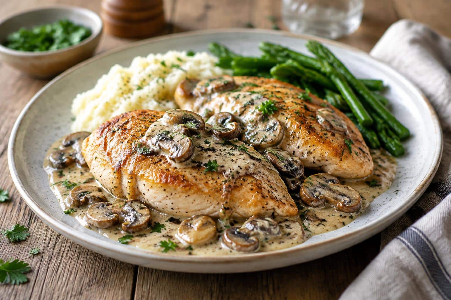 Best dinner recipes plated seared chicken with creamy mushroom sauce, garnished with parsley