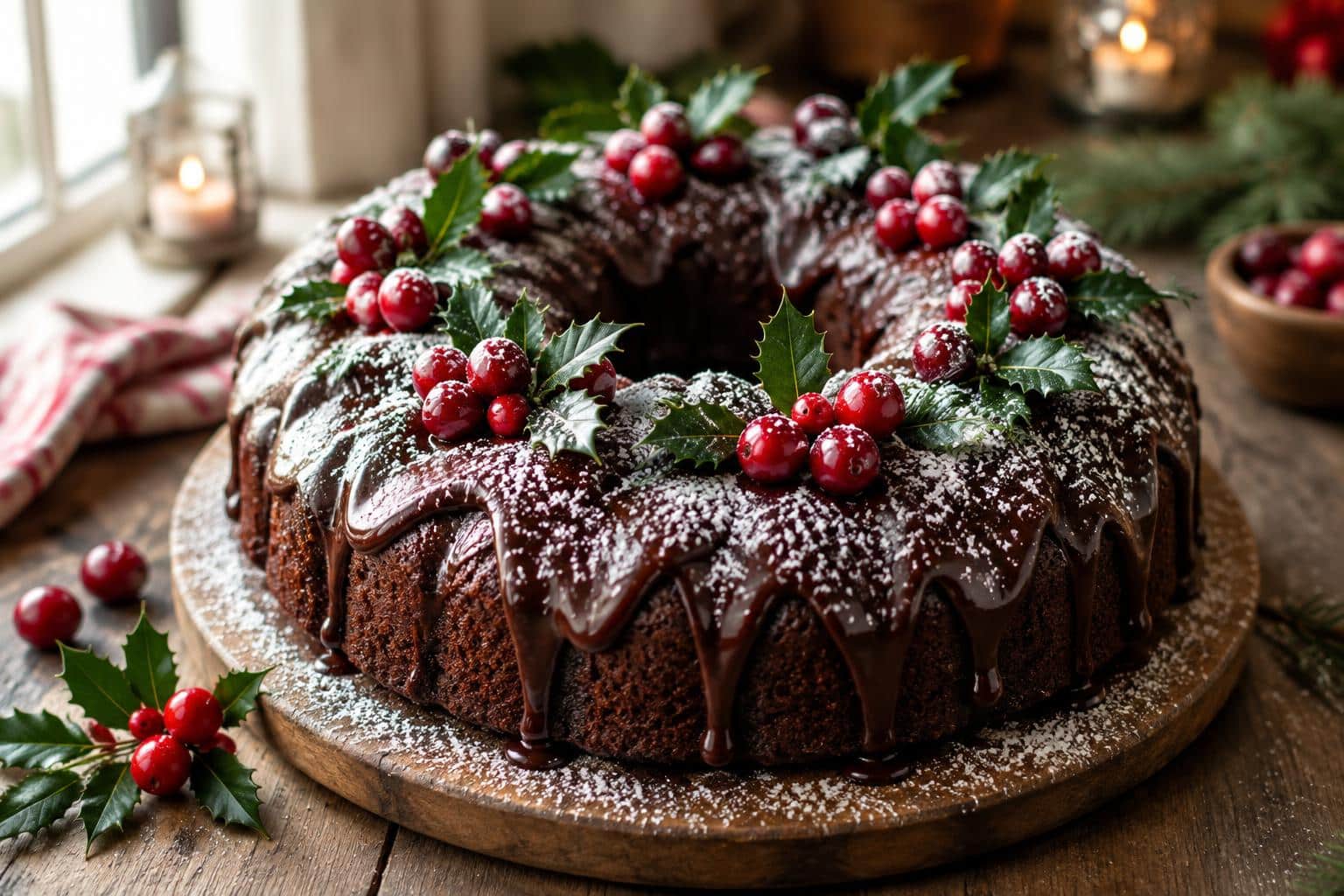 Easy chocolate wreath cake with glossy chocolate glaze and festive holly garnish