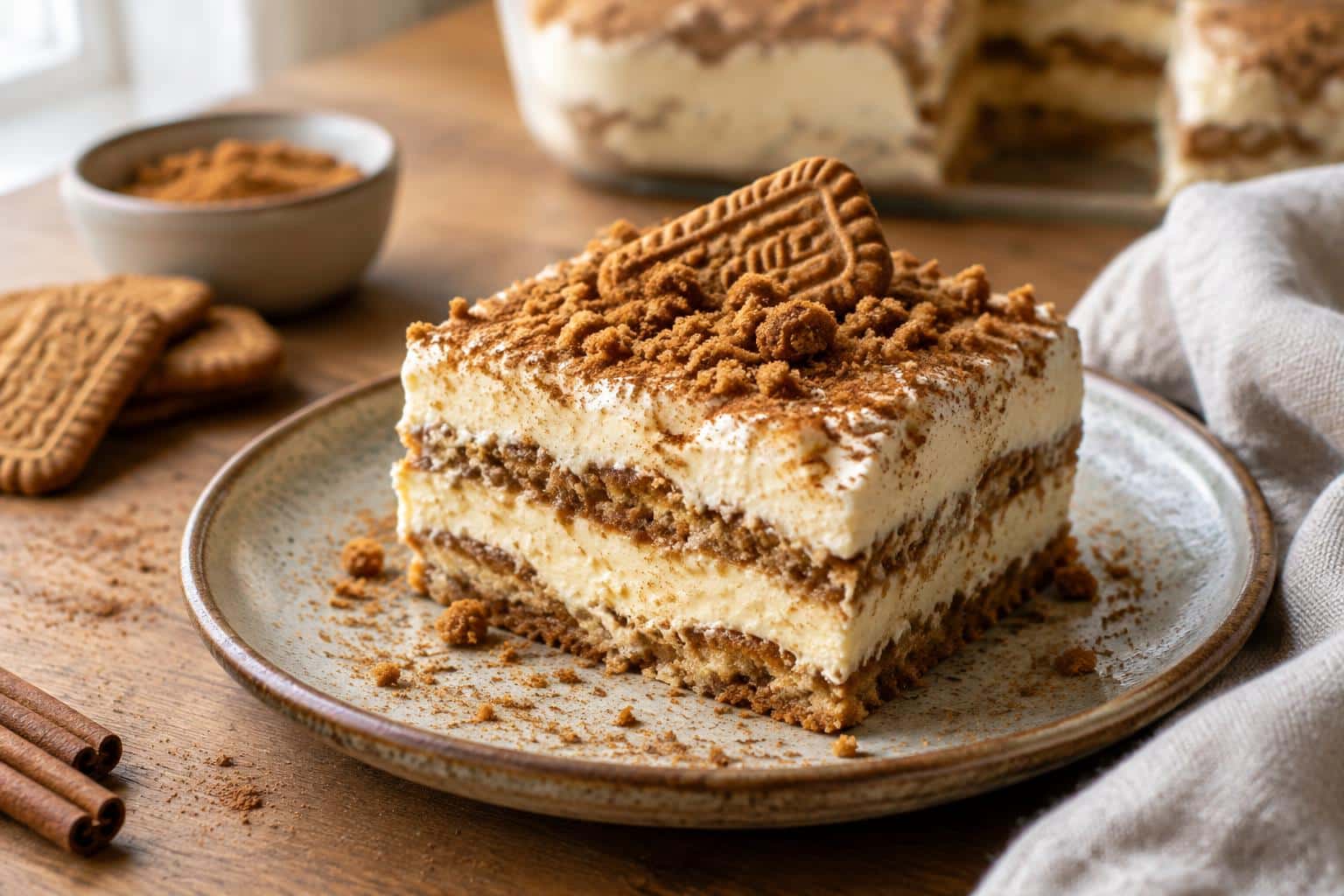A creamy slice of speculoos tiramisu cake with cinnamon dusting and crushed cookies on top