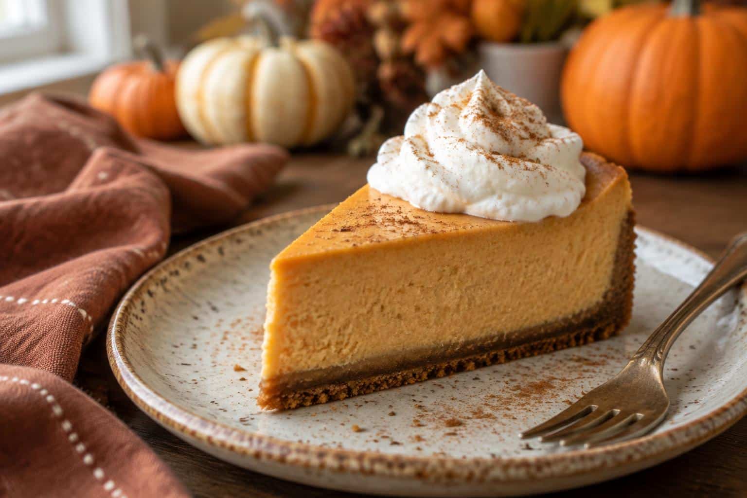Creamy slice of pumpkin cheesecake topped with whipped cream and cinnamon on rustic plate pumpkin cheesecake