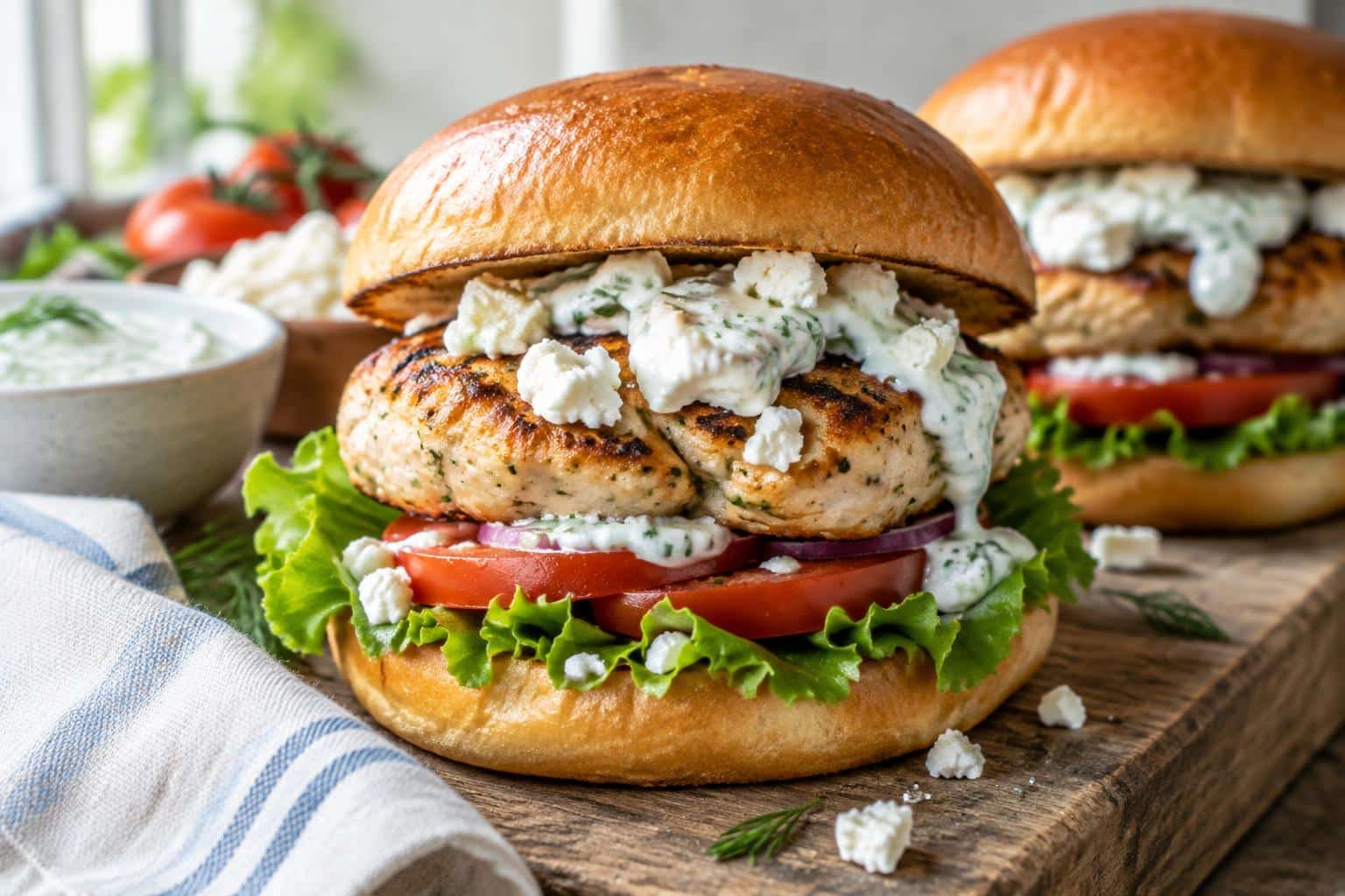 Juicy grilled Greek chicken burgers topped with feta and tzatziki sauce on toasted buns