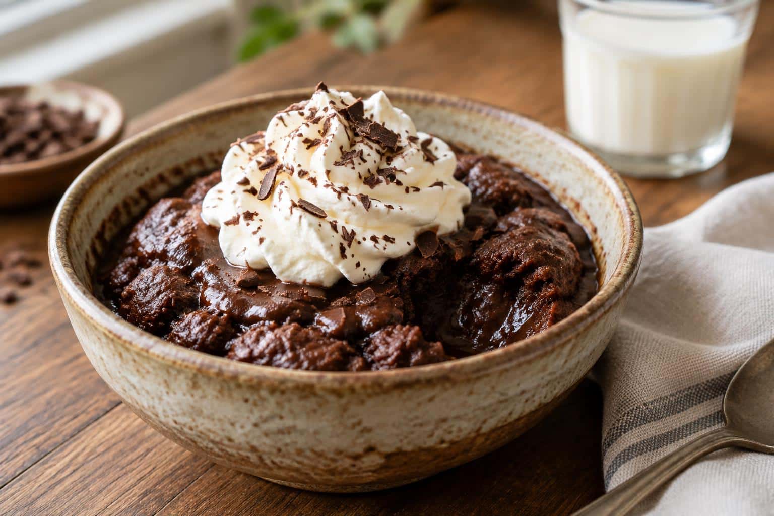 Close-up of creamy brownie pudding topped with whipped cream and chocolate shavings