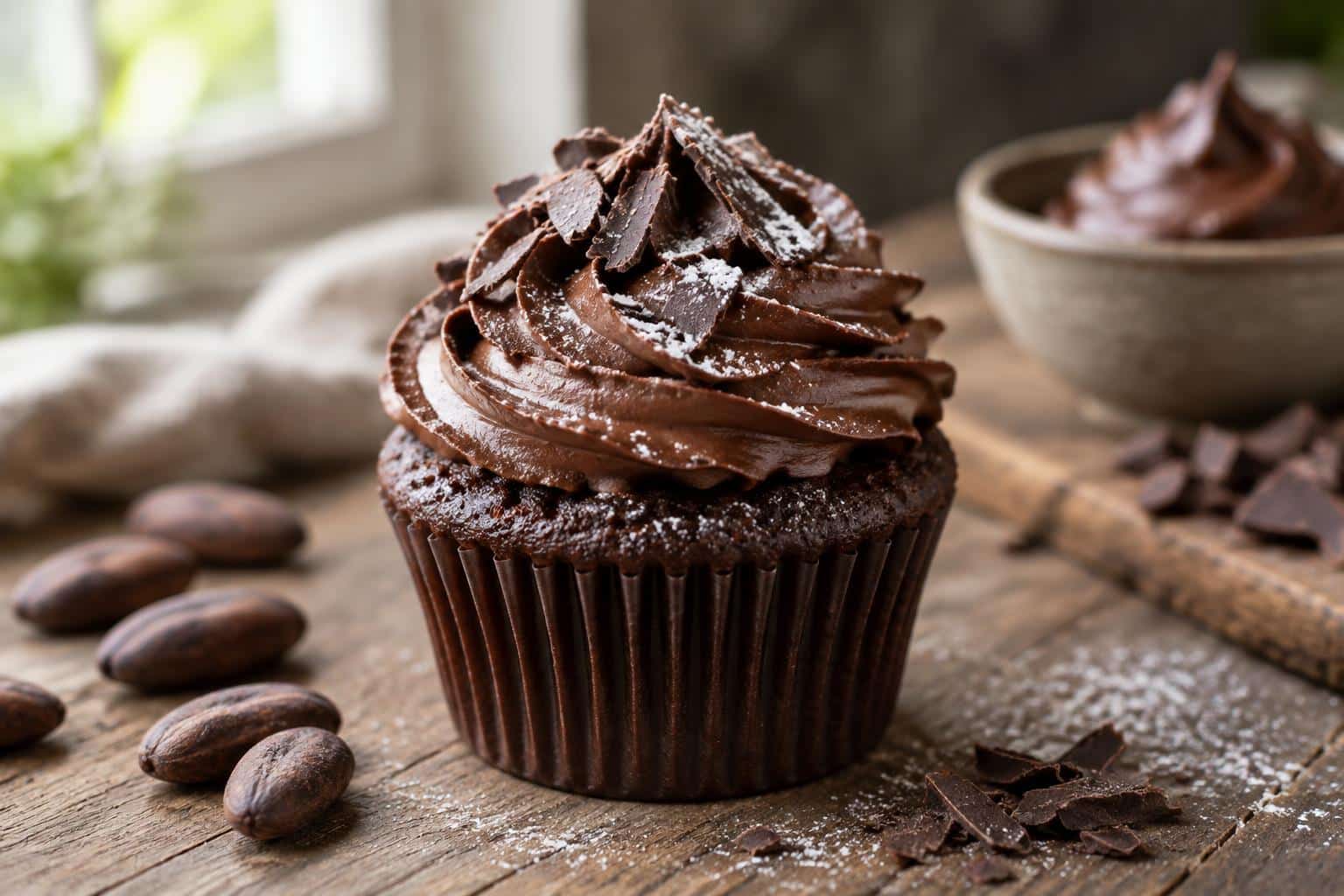 A homemade chocolate cupcake with chocolate frosting and chocolate shavings, homemade chocolate cupcake recipe