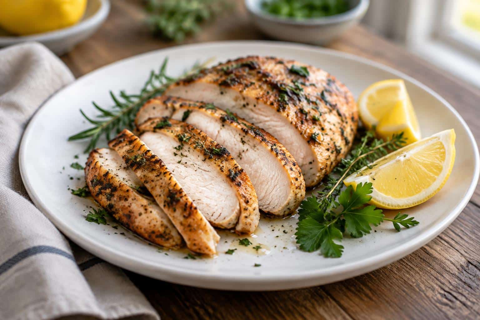 Juicy melt in mouth chicken breast sliced and garnished with fresh herbs and lemon wedges