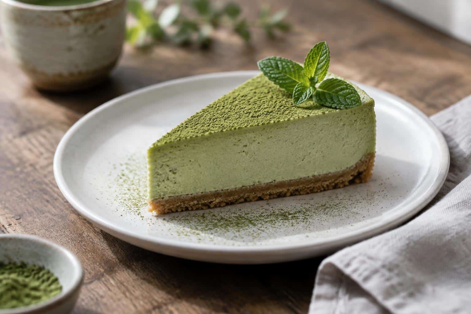 Creamy no bake matcha cheesecake slice with matcha powder and mint garnish