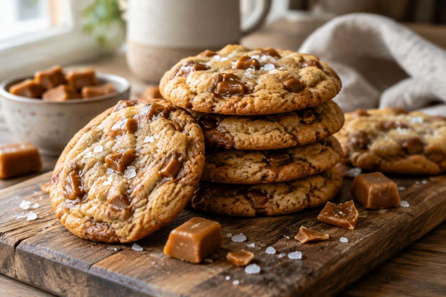 Golden salted caramel cookie with crispy edges and caramel bits, sprinkled with sea salt