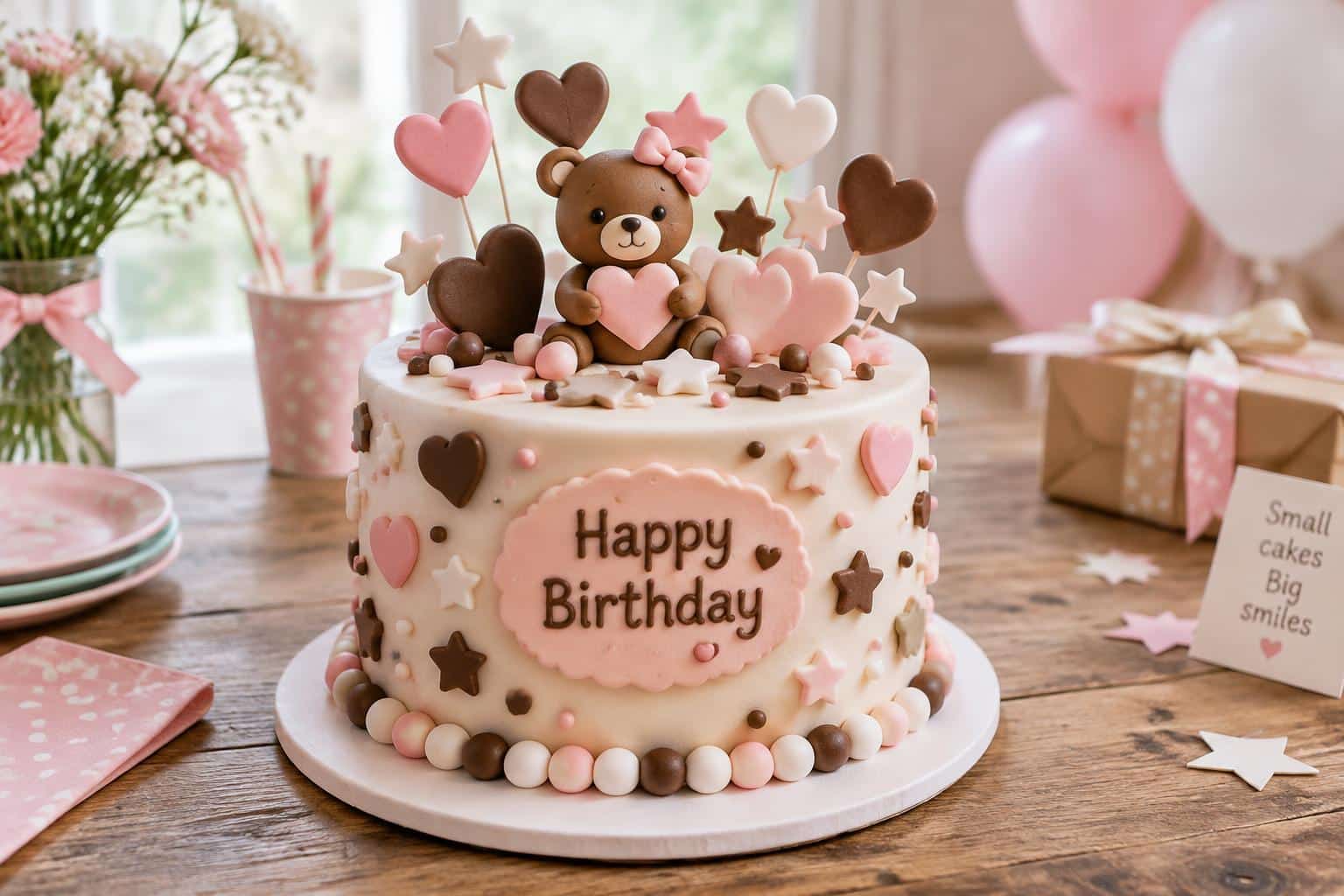 Kids birthday cakes with 3D decorations in white, brown, and pink colors on rustic table