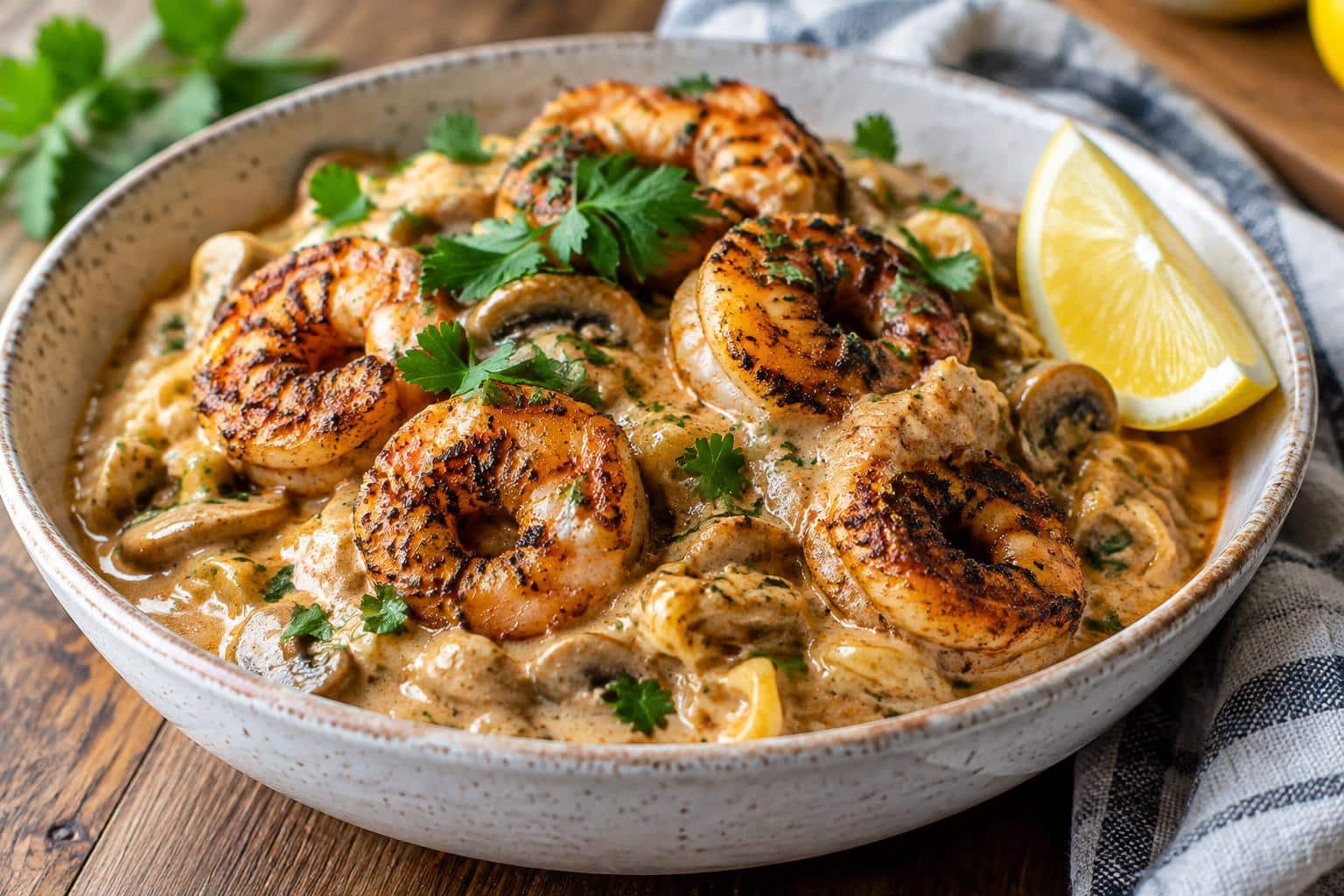 Creamy blackened shrimp stroganoff in a bowl garnished with parsley and lemon wedge