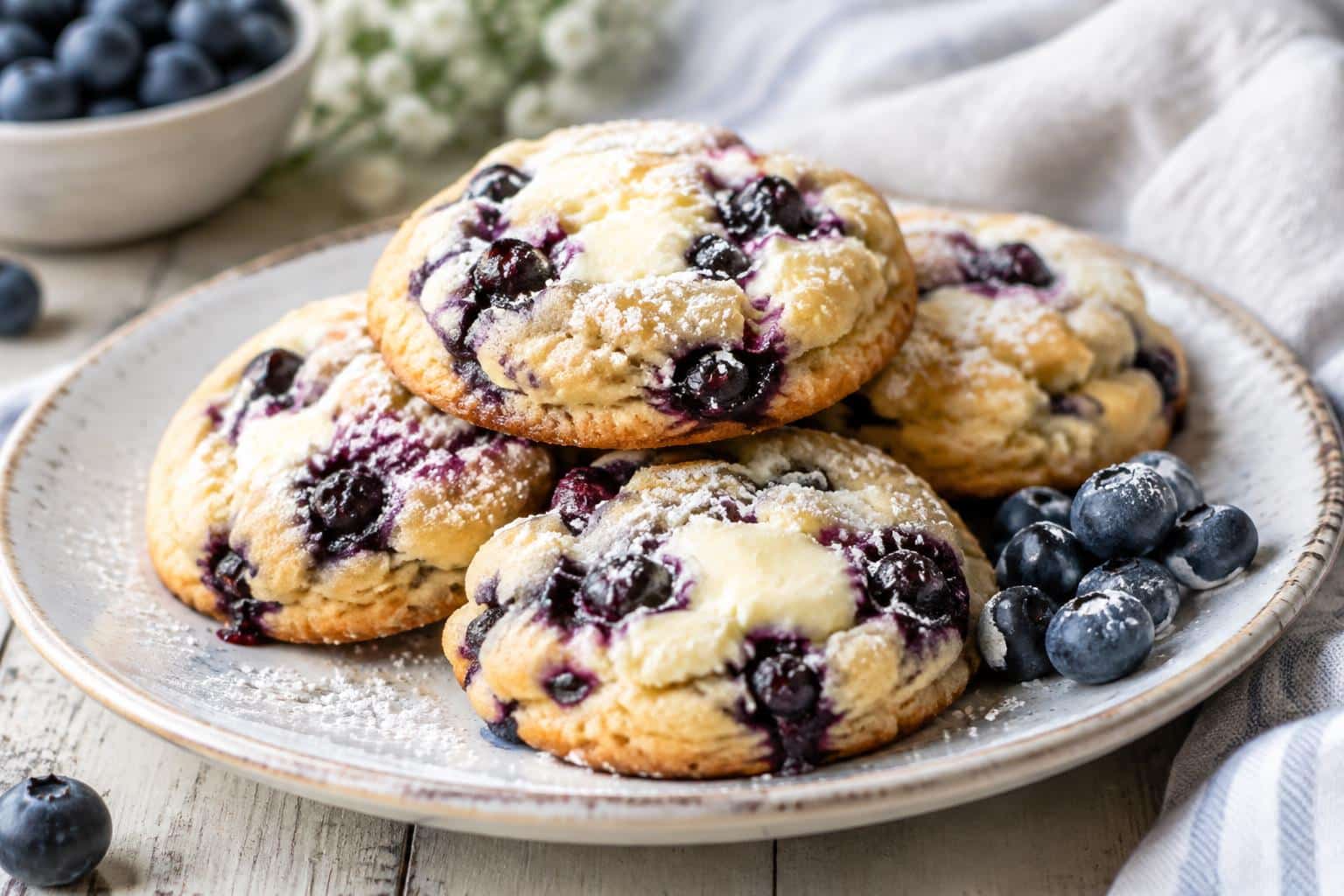 Blueberry cheesecake cookies with creamy cheese and juicy berries on a rustic plate