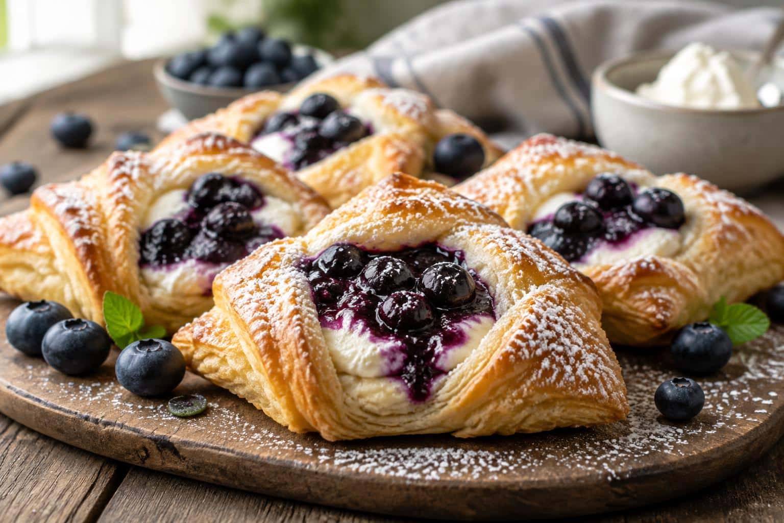Blueberry cream cheese puff pastry with flaky crust and fresh blueberries
