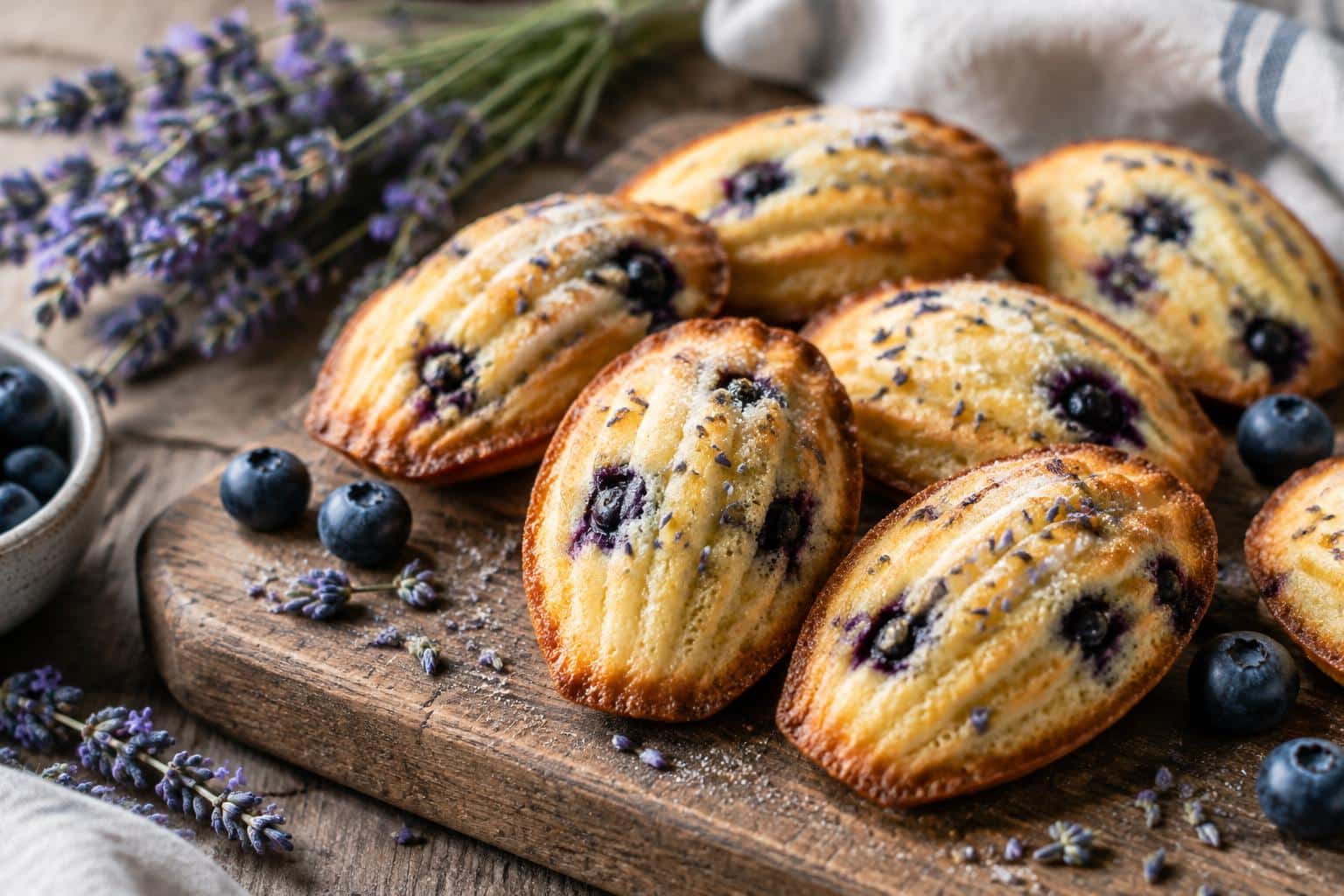 Aromatic blueberry lavender vegan madeleines on rustic board with lavender garnish