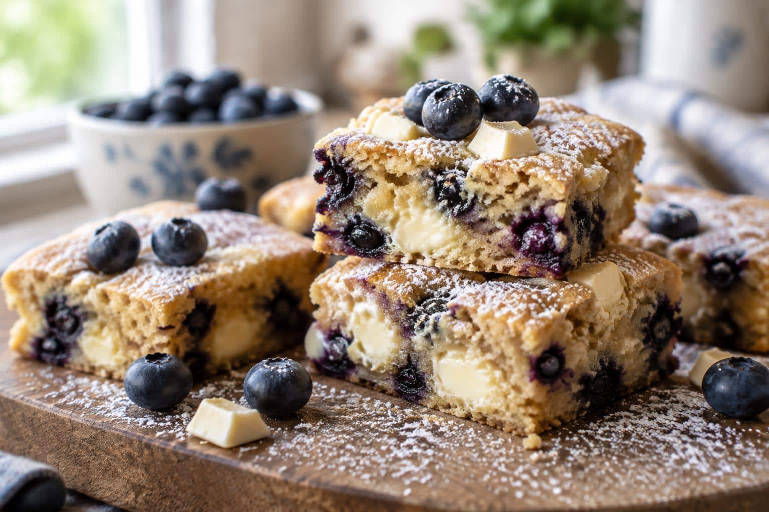 freshly baked blueberry white chocolate blondies with melted white chocolate and fresh blueberries