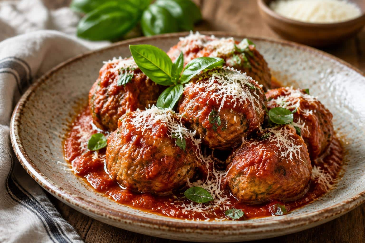 Bobby Flay’s Italian meatball recipe served with tomato sauce and fresh basil garnish