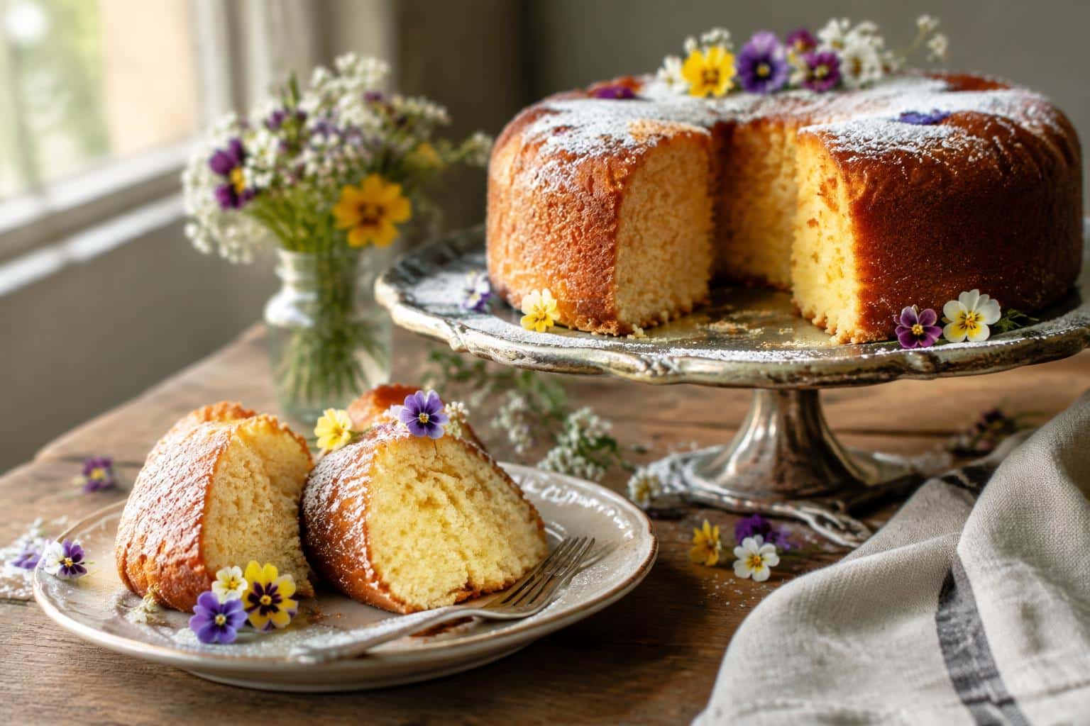 A sliced bolos de 18 anos cake with golden crumb and powdered sugar, a classic Brazilian cake