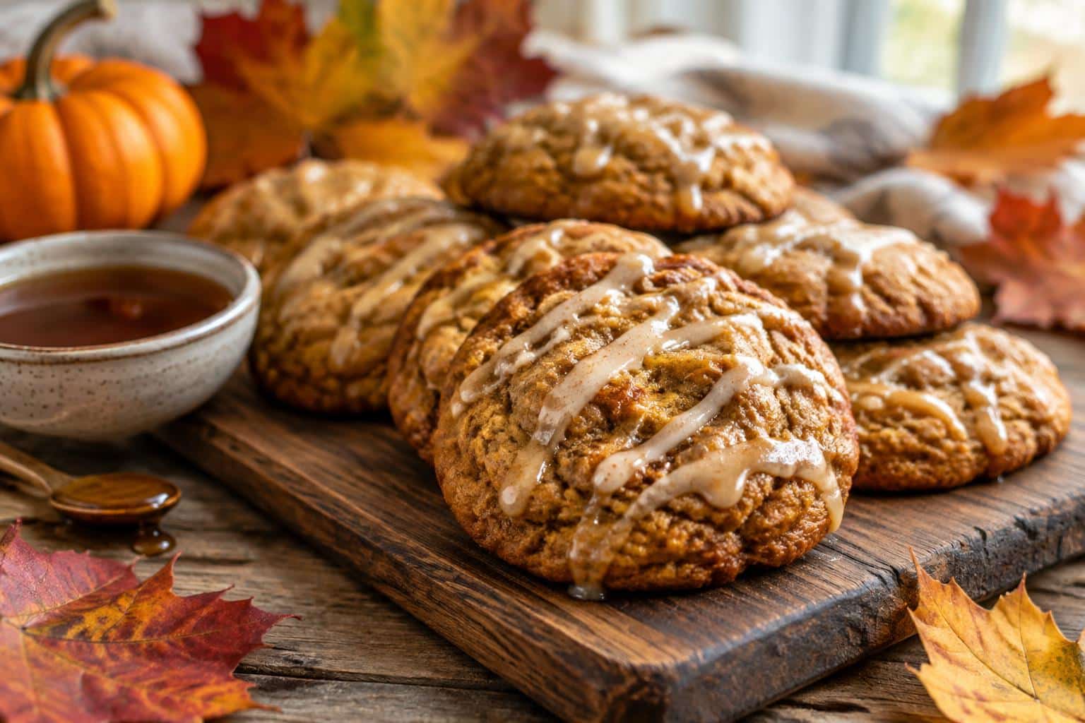 Chewy brown butter pumpkin cookies drizzled with maple syrup on rustic board
