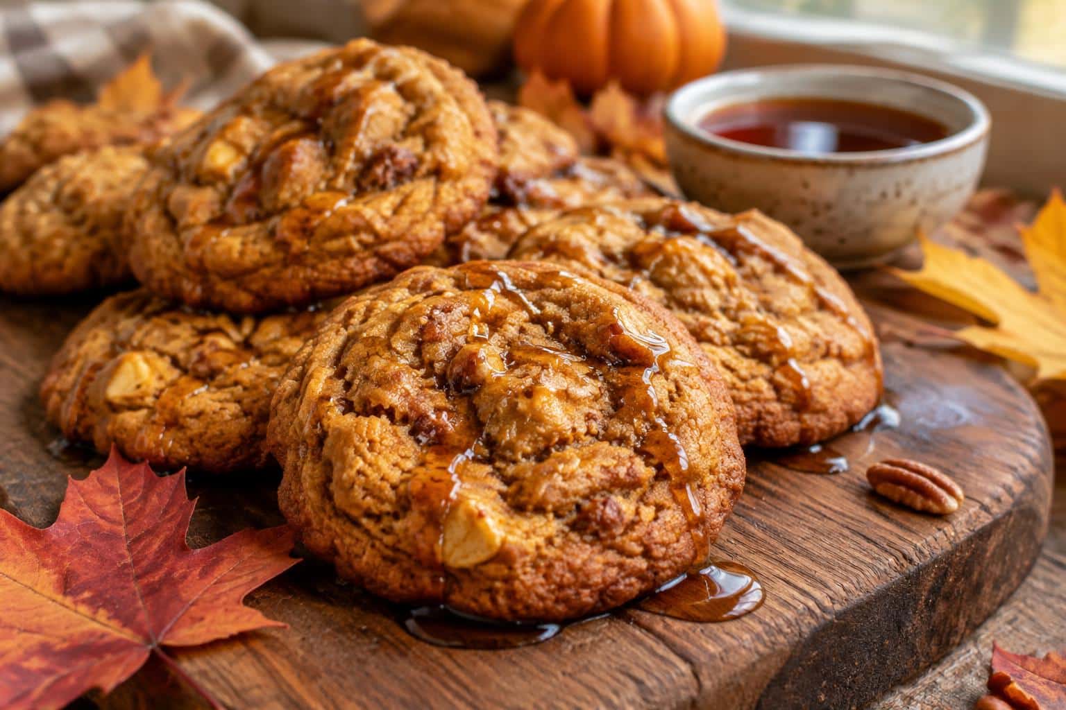 Chewy pumpkin cookies with brown butter and maple syrup on rustic board, pumpkin cookies
