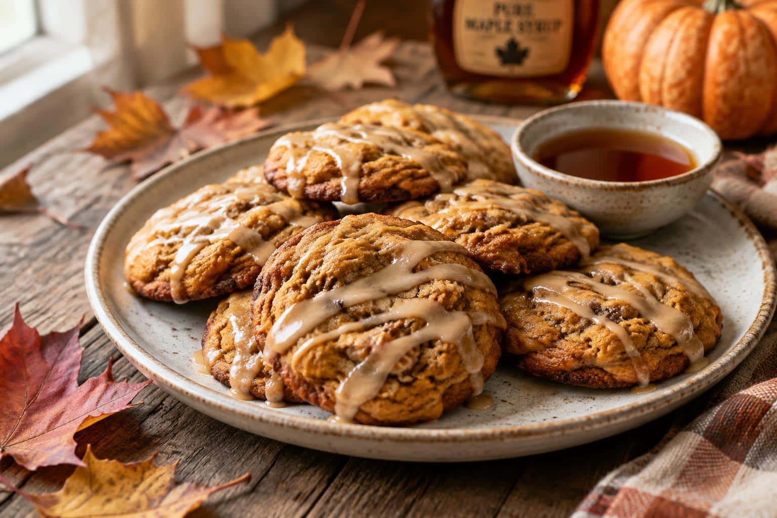 Plate of chewy brown butter pumpkin cookies with maple glaze under soft window light