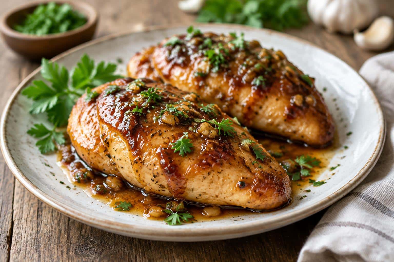 Brown sugar garlic chicken breasts glazed and garnished with fresh parsley on rustic plate