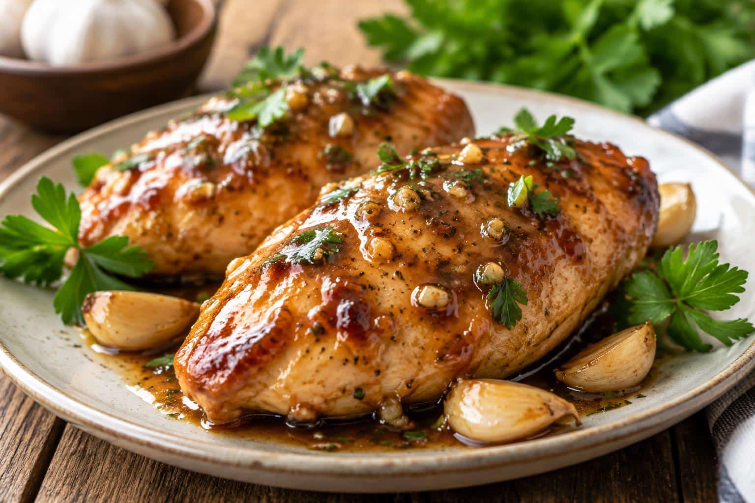 Golden brown sugar garlic chicken breasts garnished with parsley and garlic cloves