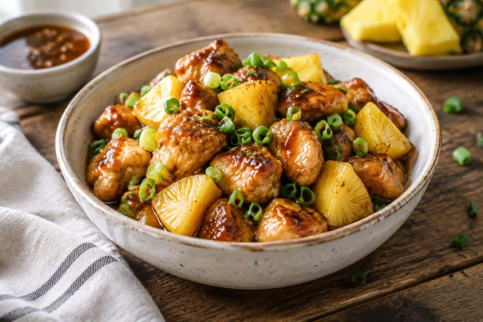 Brown sugar pineapple chicken served in a bowl garnished with pineapple chunks and green onions
