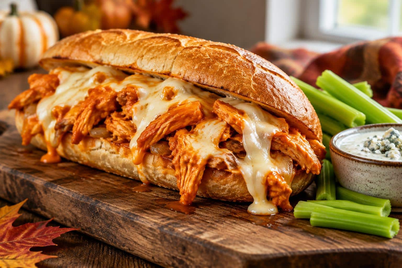 Buffalo chicken cheesesteak sandwich with melted cheese and buffalo sauce on rustic board
