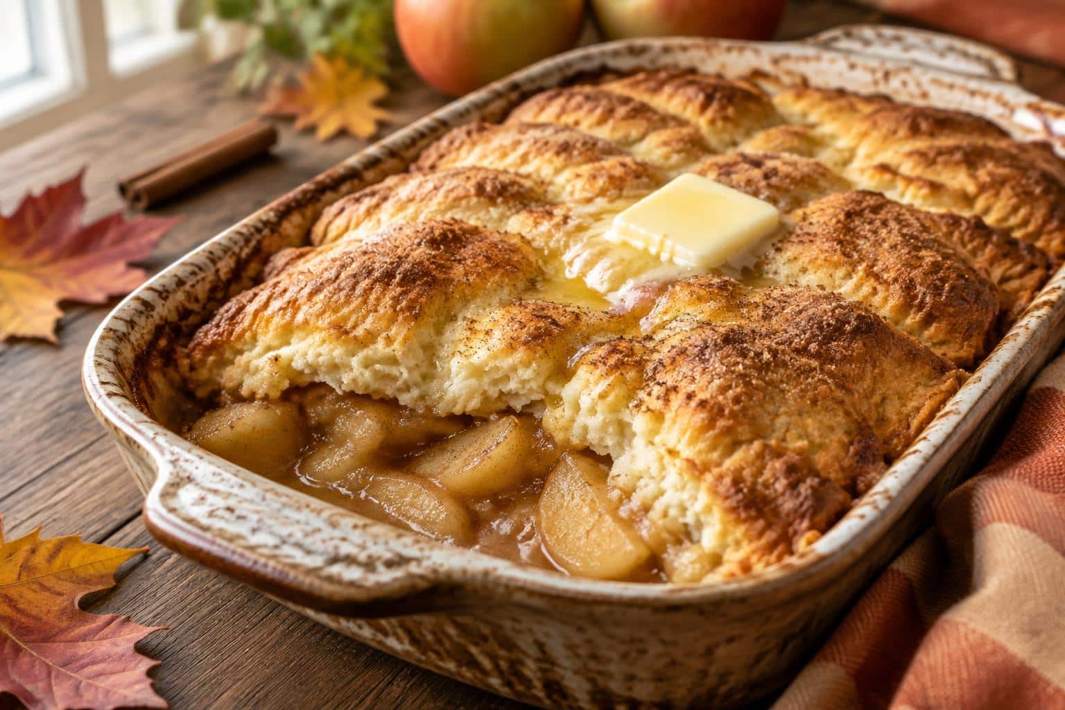 Golden buttery apple cobbler with cinnamon topping in a rustic baking dish, showcasing the buttery apple cobbler