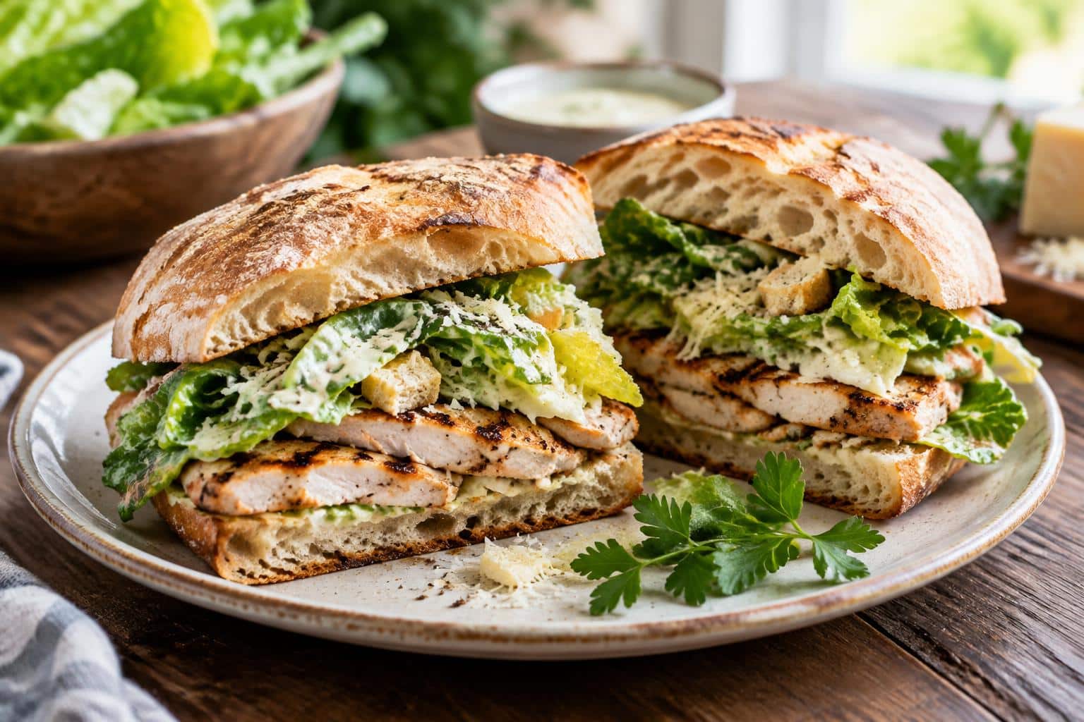 Grilled chicken caesar sandwiches with crisp romaine and creamy dressing on toasted ciabatta