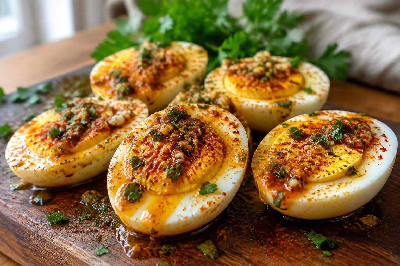 Cajun boiled eggs with spicy garlic butter sauce garnished with parsley and paprika