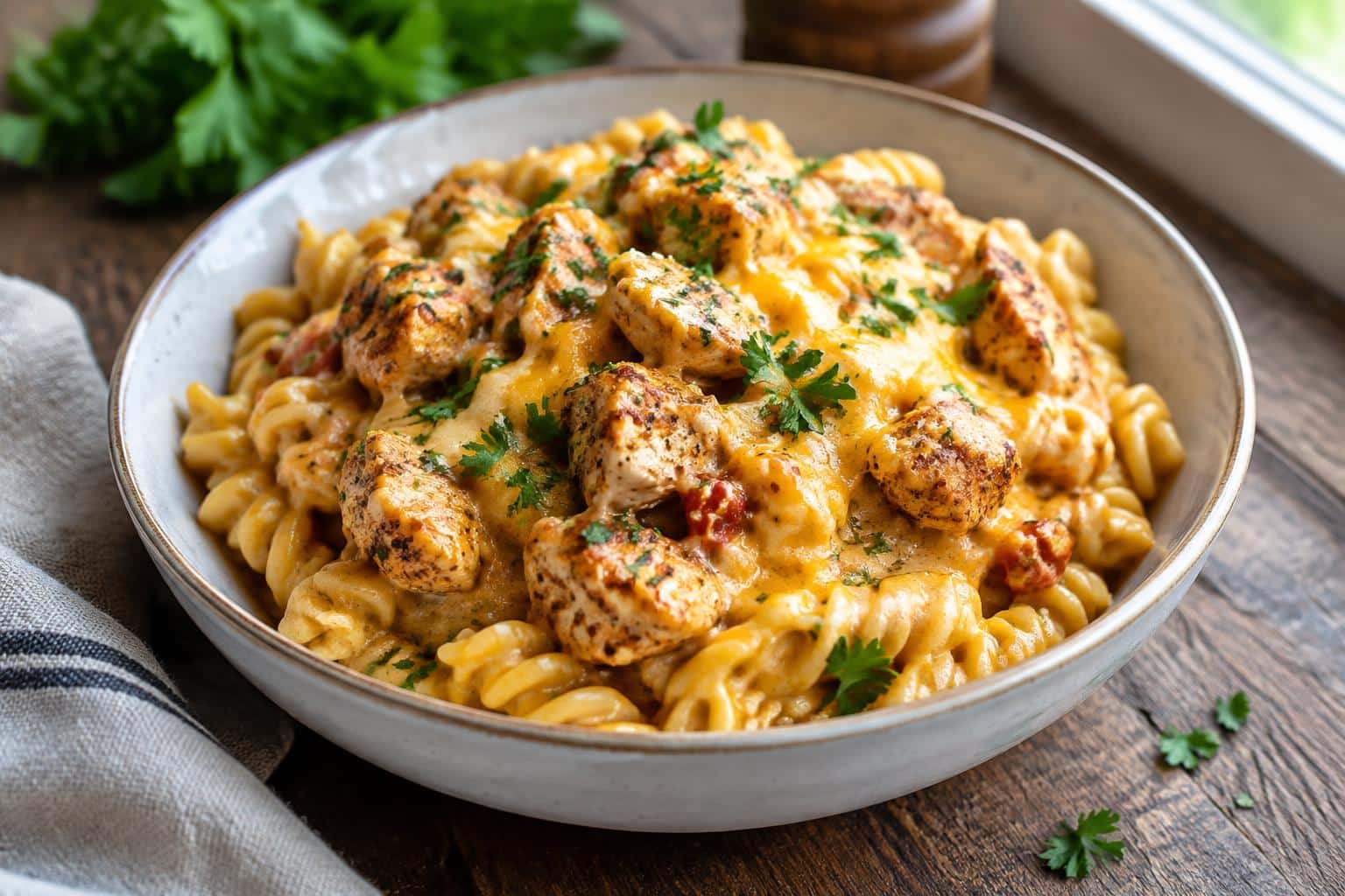 Creamy Cajun cheesy chicken rotini in a rustic bowl with melted cheese and parsley garnish