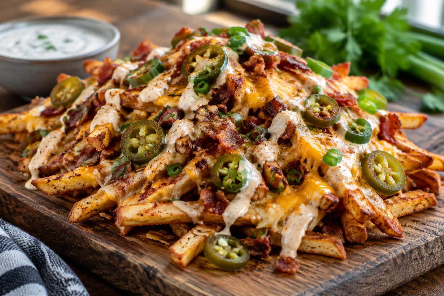 Cajun dirty loaded fries topped with cheese, bacon, jalapeños, and green onions on a wooden board