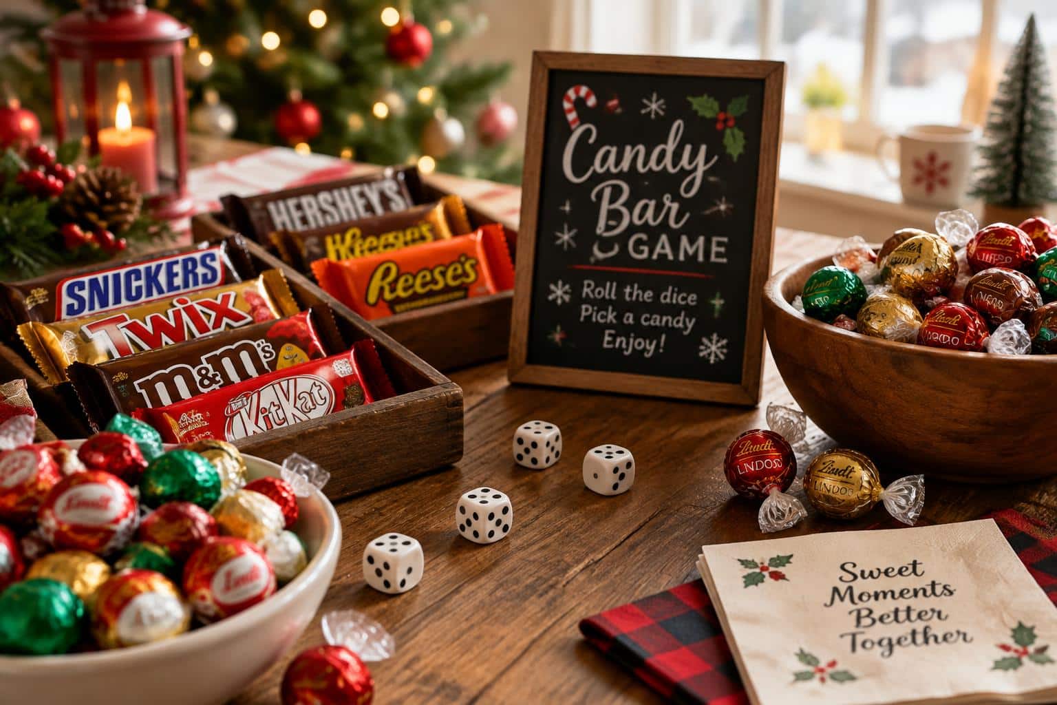 Candy bar game setup with assorted candy bars and dice for a festive Christmas party