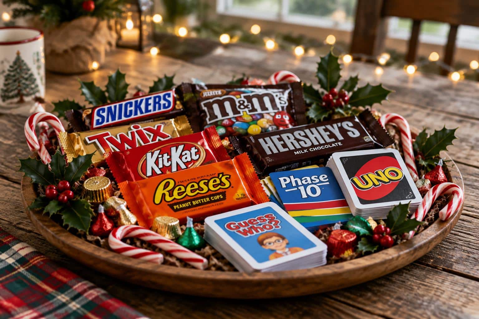 candy bar game setup with assorted candy bars and game cards for a festive christmas party