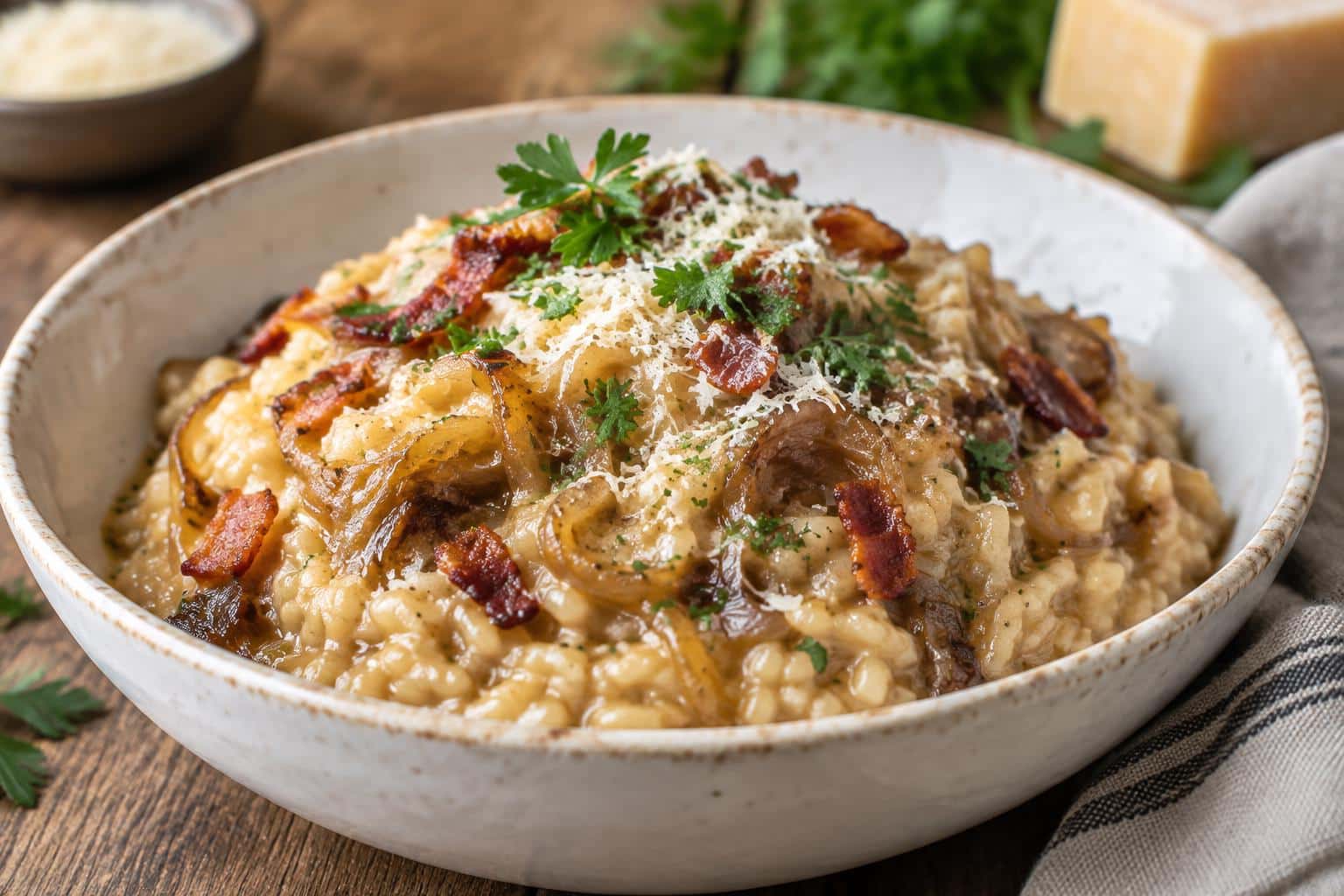 Creamy bacon parmesan risotto with caramelized onions garnished with parsley and parmesan
