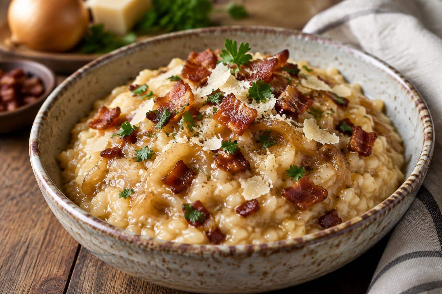 Creamy bacon parmesan risotto with caramelized onions garnished with parsley and crispy bacon