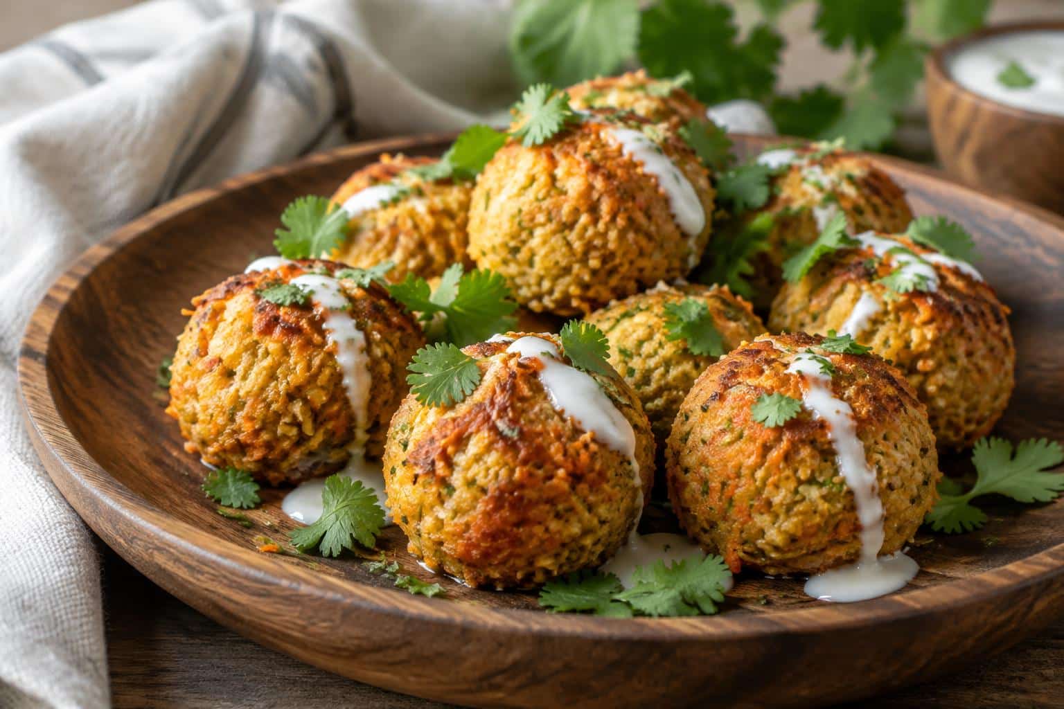 Golden baked carrot coconut curry balls garnished with cilantro, showcasing the carrot coconut curry balls