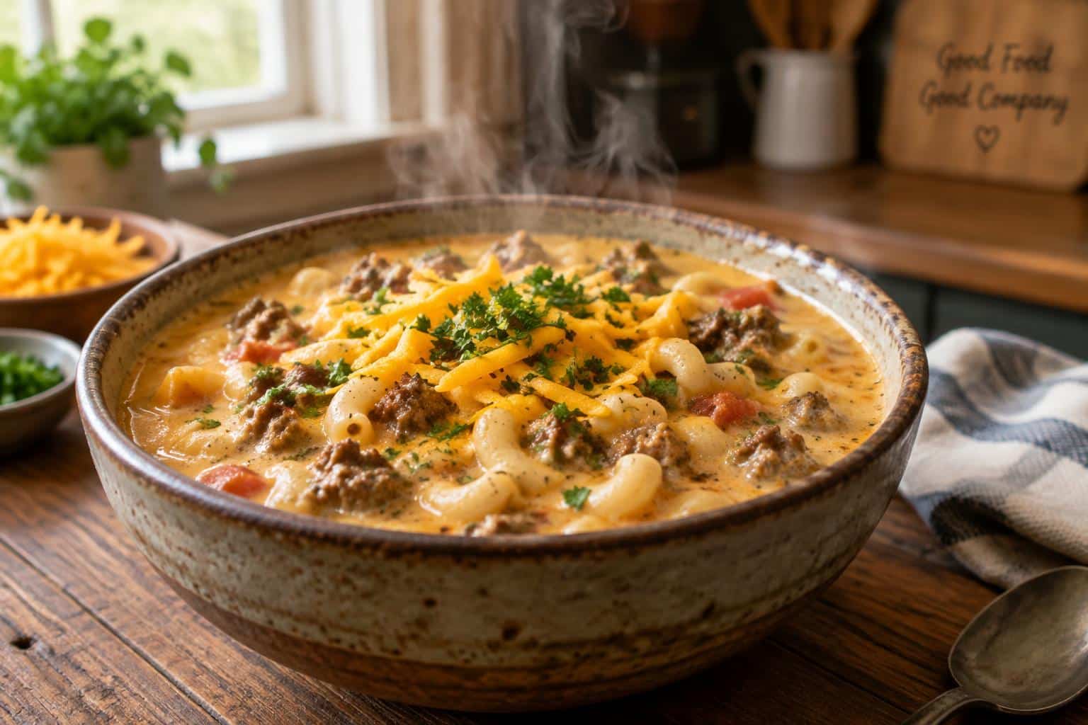 Bowl of cheeseburger macaroni soup with melted cheddar and parsley garnish