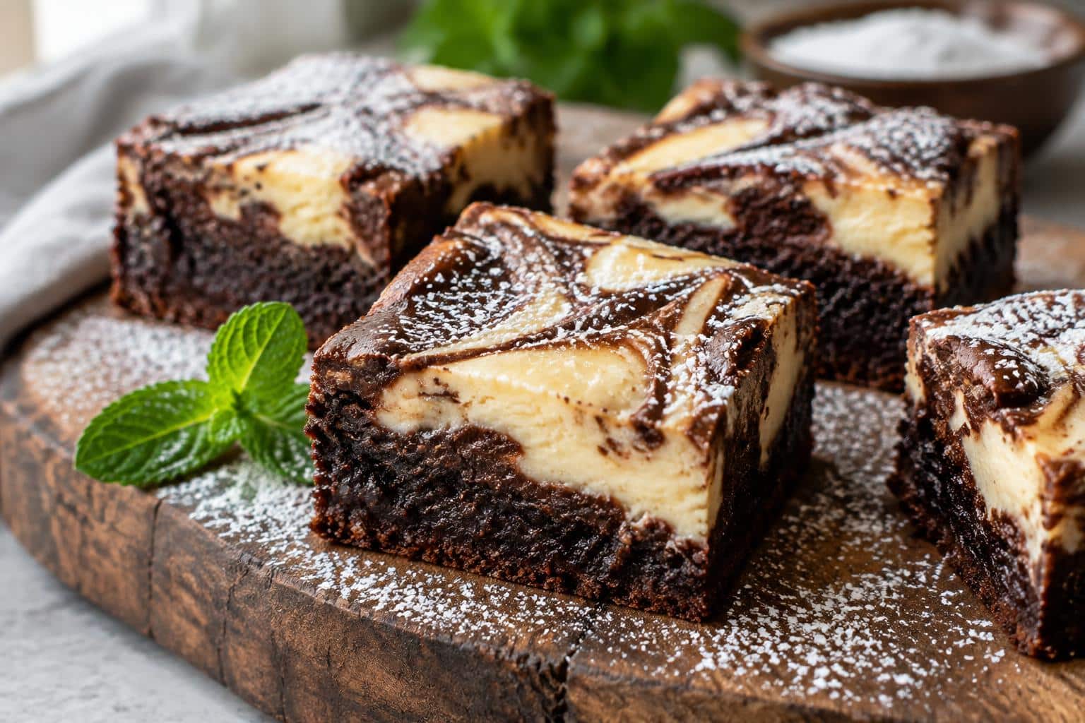 Cheesecake brownies with creamy swirls and fudgy chocolate layers on rustic wooden board