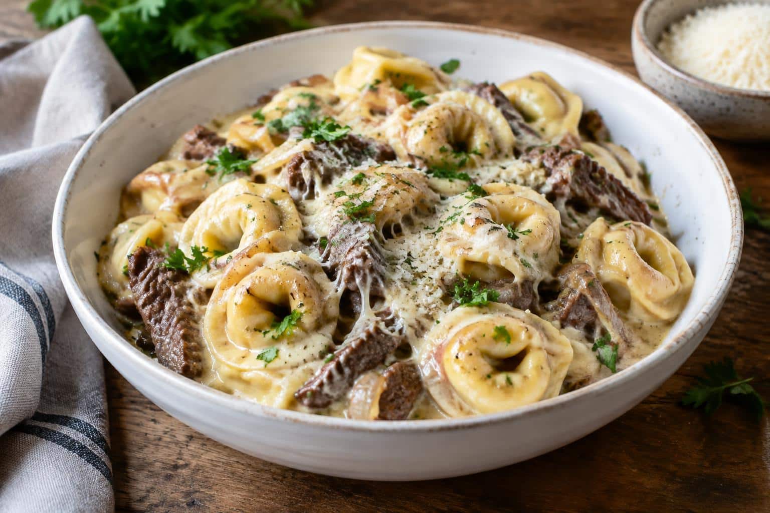 Cheesesteak tortellini in rich provolone sauce garnished with parsley in a rustic bowl
