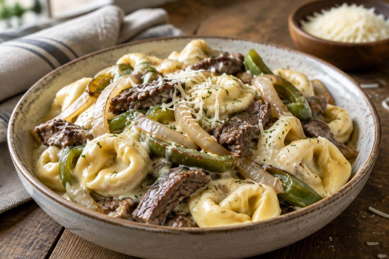 Cheesesteak tortellini in rich provolone sauce garnished with sautéed onions and green peppers