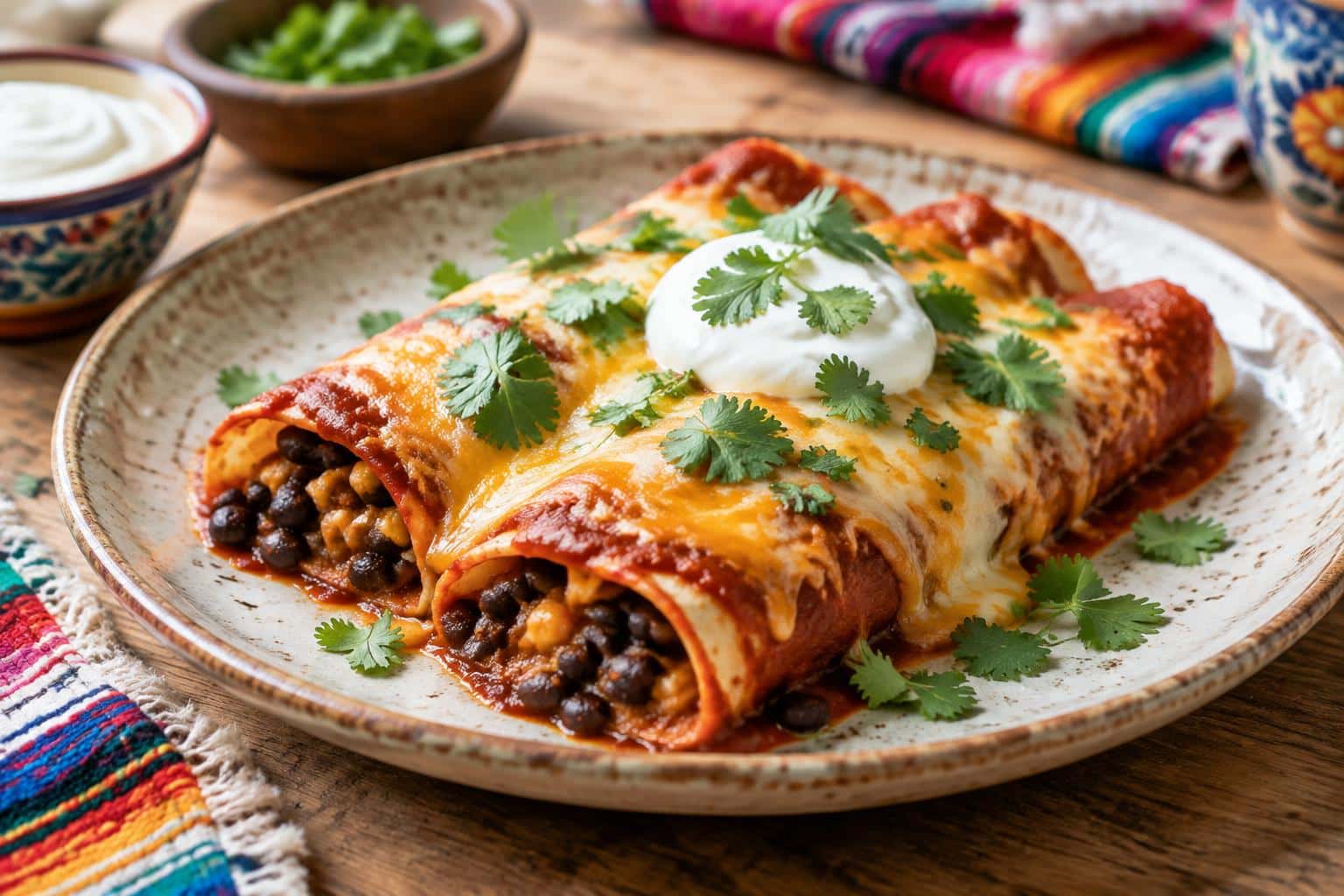 Baked cheesy bean enchiladas served on a plate with cilantro garnish and sour cream, cheesy bean enchiladas