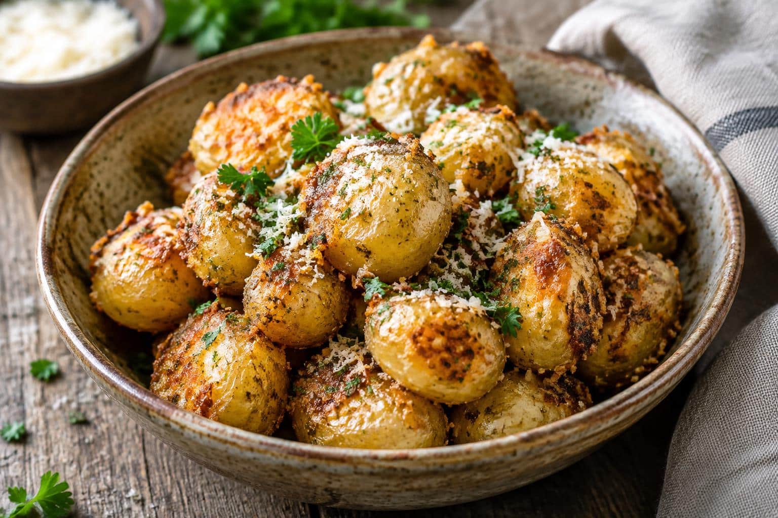 Golden crispy cheesy parmesan baby potatoes garnished with parsley in a rustic bowl