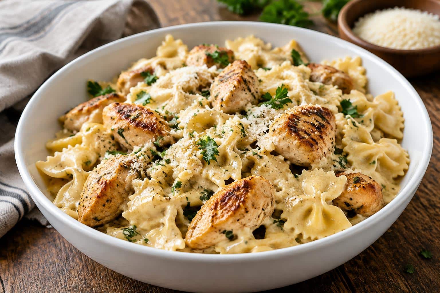 Cheesy garlic butter chicken bowties pasta garnished with parsley and parmesan cheese