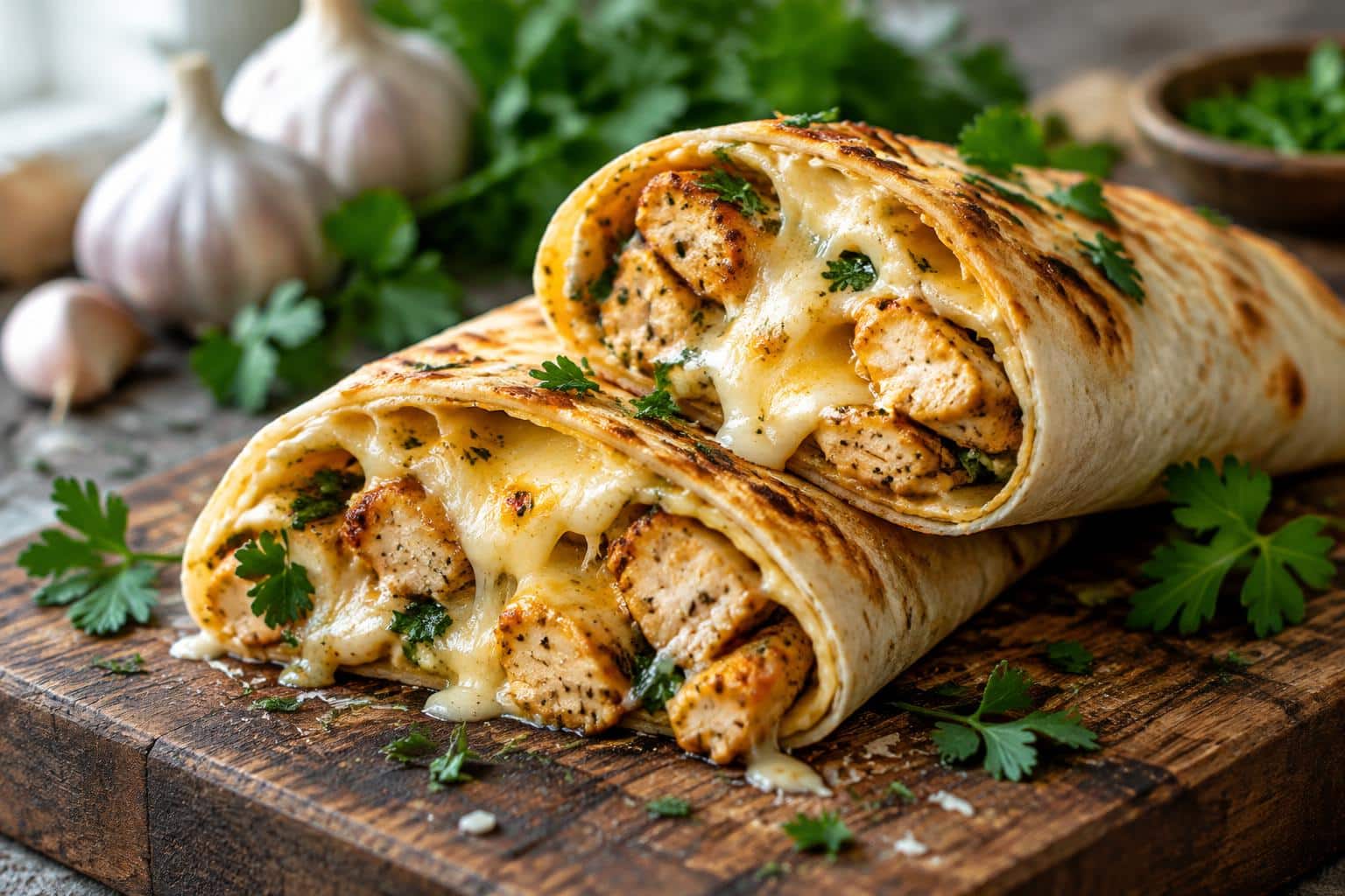 Close-up of cheesy garlic chicken wraps with melted cheese and herbs, showcasing the cheesy garlic chicken wraps