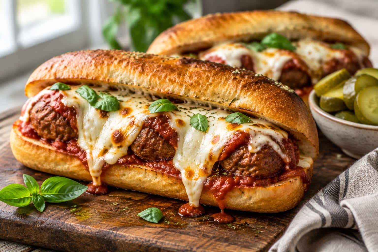 Irresistibly cheesy meatball subs with melted mozzarella and rich tomato sauce