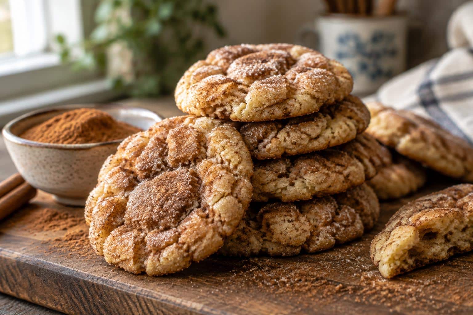 Chewy churro crinkle cookies stacked with cinnamon sugar dusting
