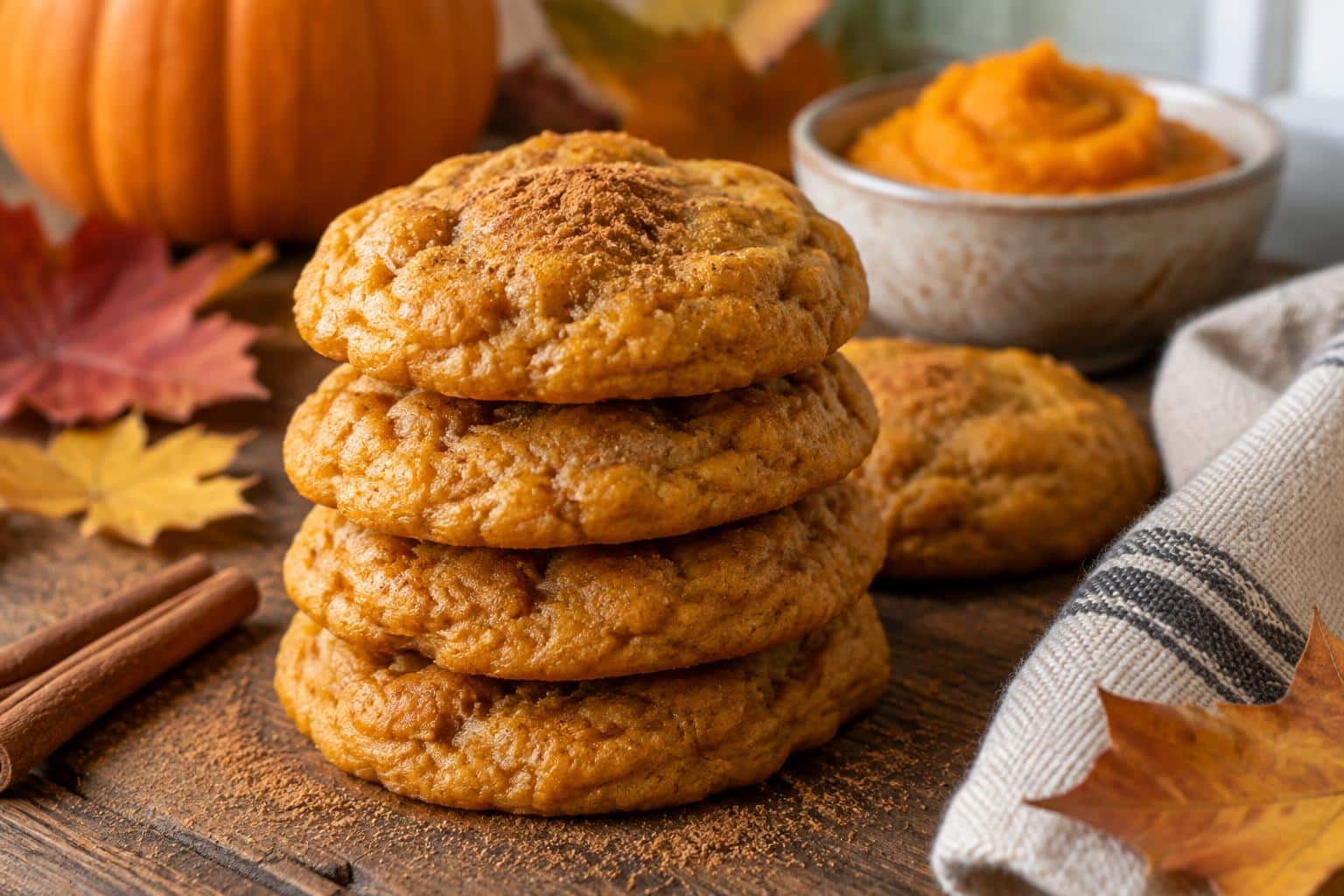 Chewy pumpkin cookies stacked on rustic wood with fall spices and pumpkin puree, showcasing chewy pumpkin cookies
